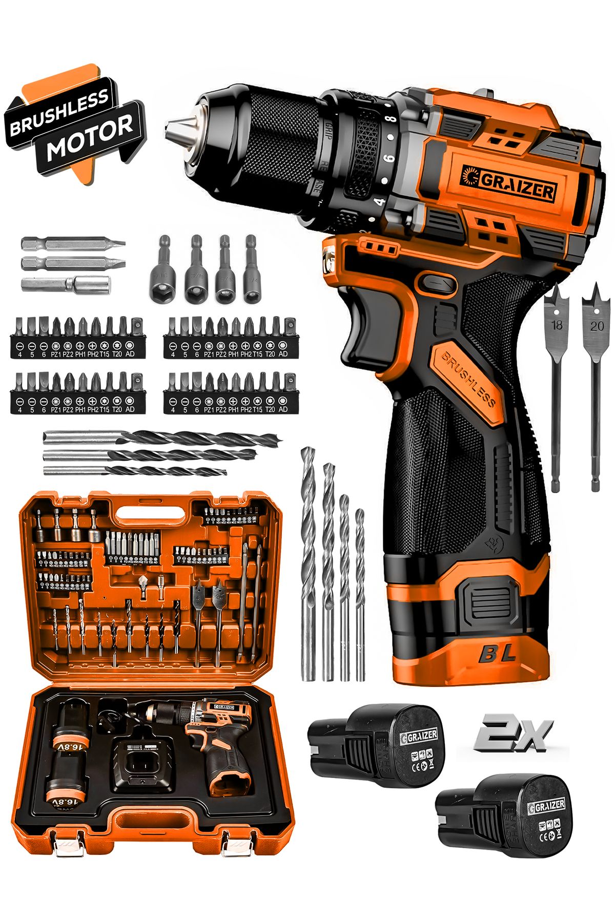 Graizer Powerforge 16.8v Çift Akü Çelik Mandren Kömürsüz Motor Darbesiz Şarjlı Matkap Akülü Vidalama-Turuncu