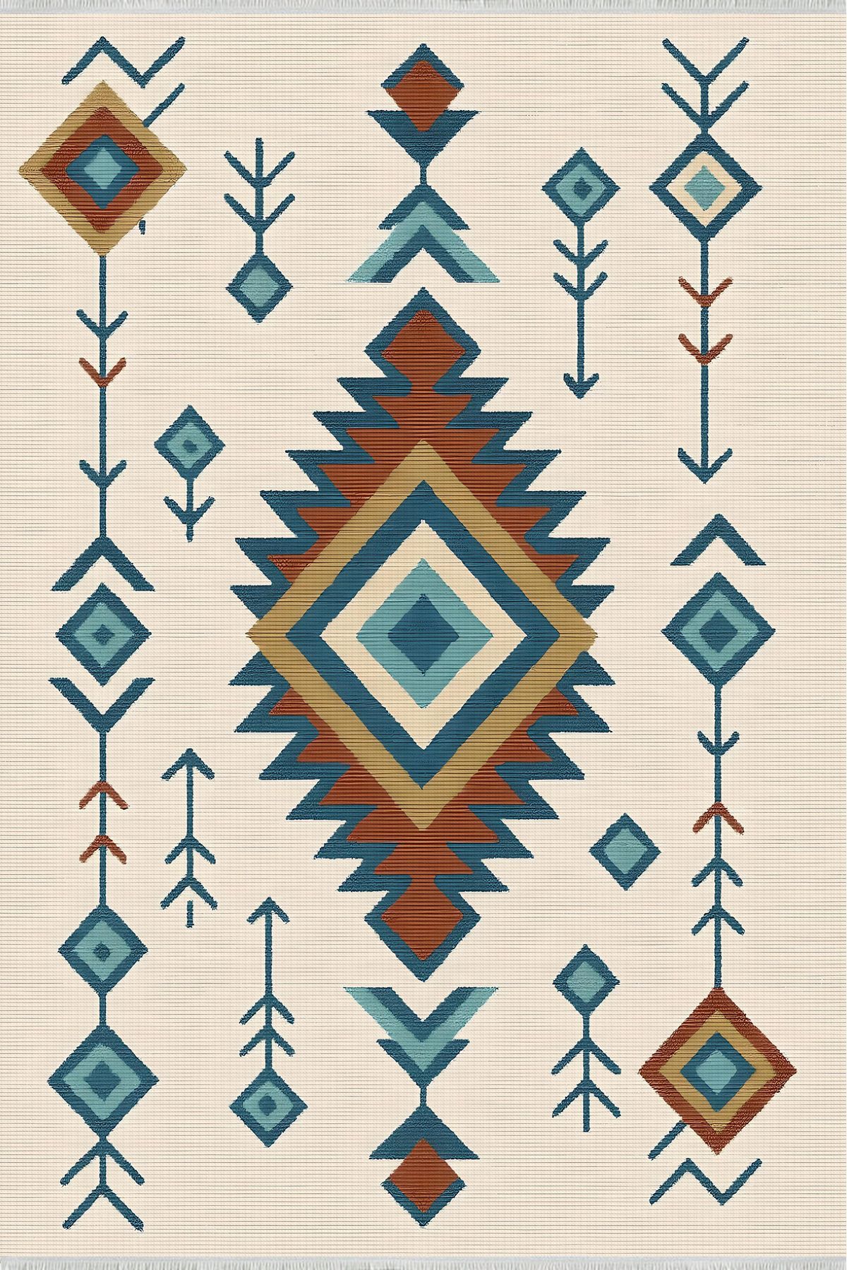 Home Krem Zeminli Geometrik Etnik Desen Halı 160x230 Yıkanabilir