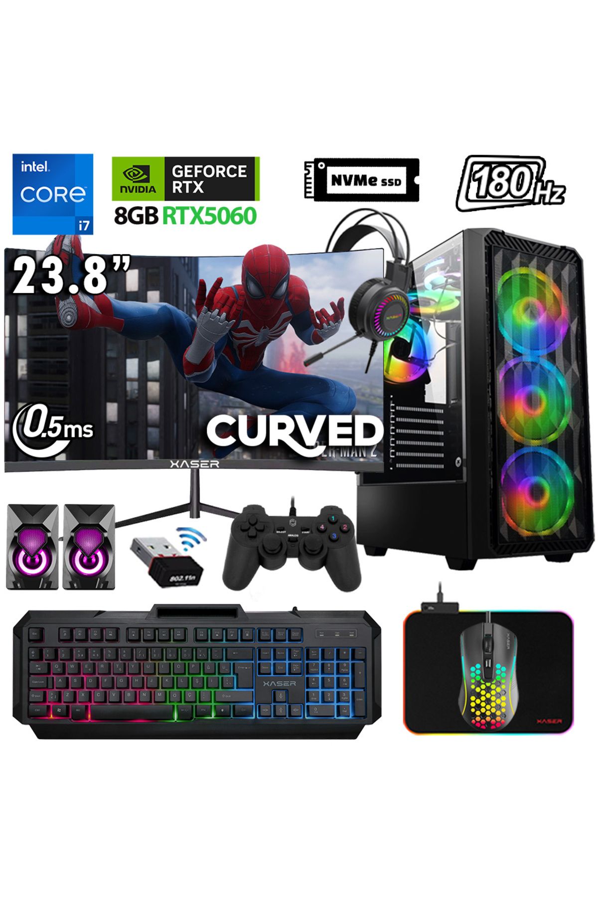 XASER Xsr1135 i7 14700F 32GB DDR5 Ram 1TB M.2 NVMe SSD 8GB RTX5060 23.8" 180Hz Oyuncu Bilgisayarı