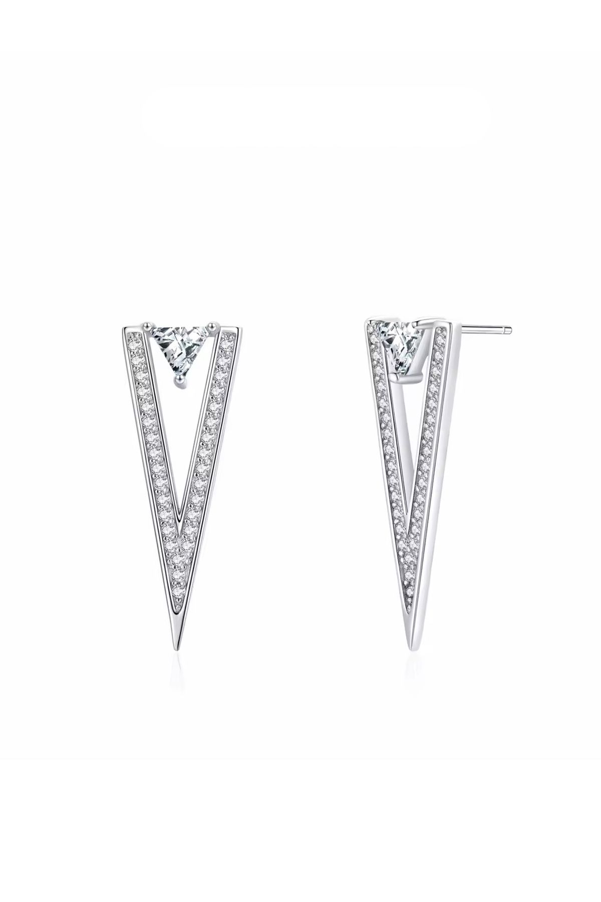 Brezza Lusso Jewelry Timeless Series Işıltılı V Form Tria Taş Gümüş Kadın Küpe