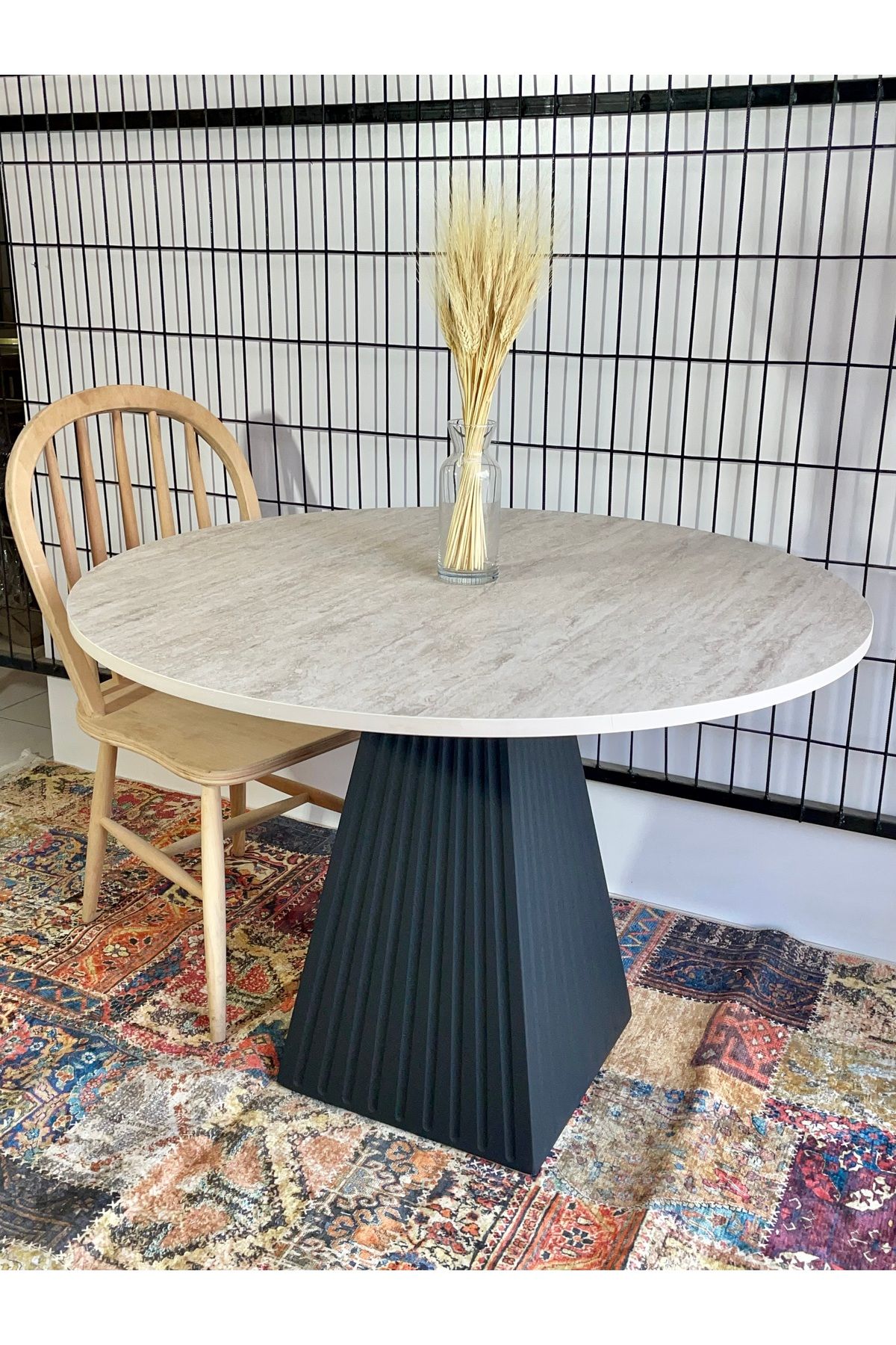 Narkissos Dizayn 100 cm TRAVERTEN MERMER DESENLİ YEMEK MASASI SİYAH FİTİLLİ MUTFAK SALON BALKON MASASI