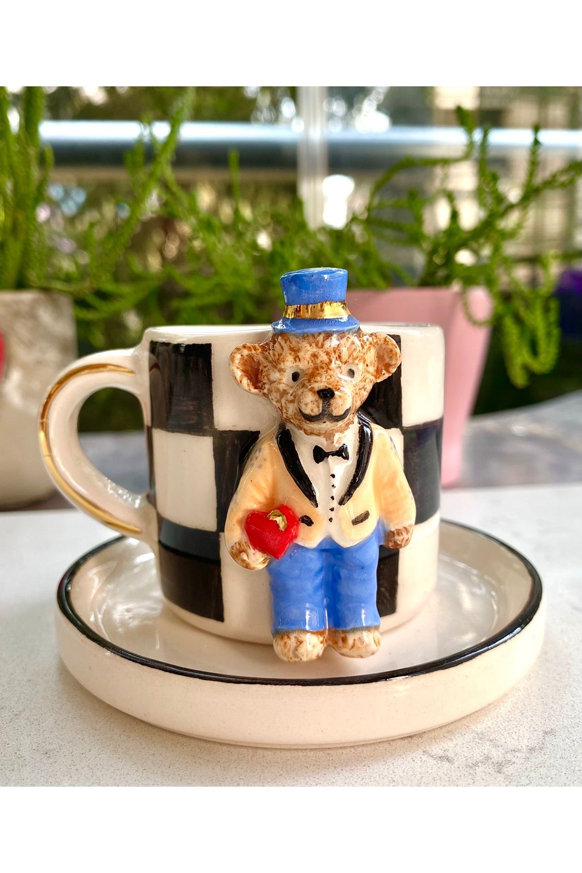 NOF El Yapımı Seramik Gerçek 24K Altın Dekorlu Damat Teddy Türk Kahvesi Fincanı