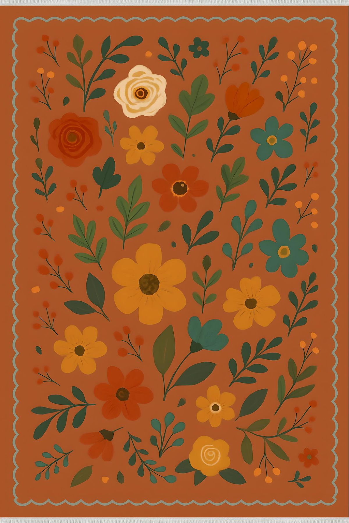 Home Retro Botanik Desen Kiremit Renk Halı Yıkanabilir 160x230