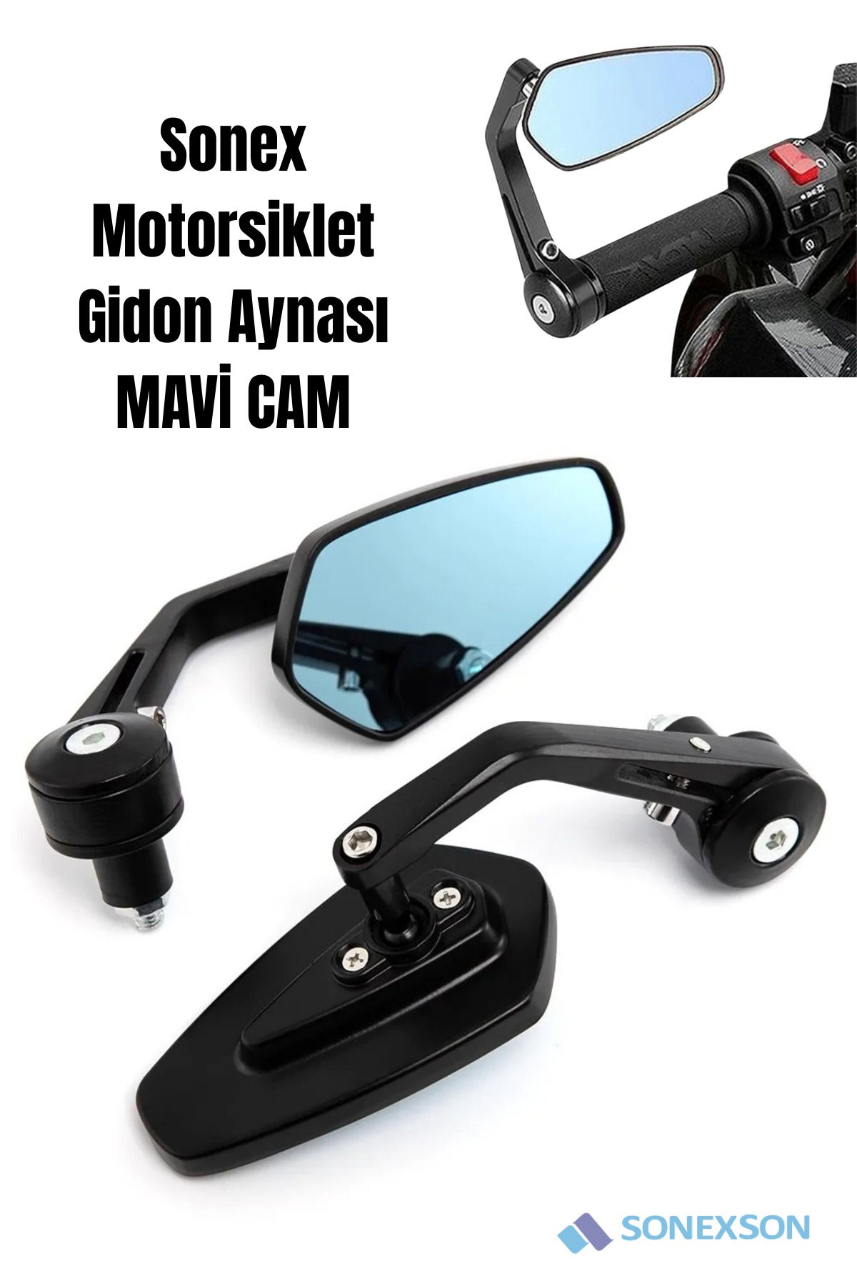 SONEX Motosiklet Siyah Gidon Dikiz Aynası (MAVİ CAM)