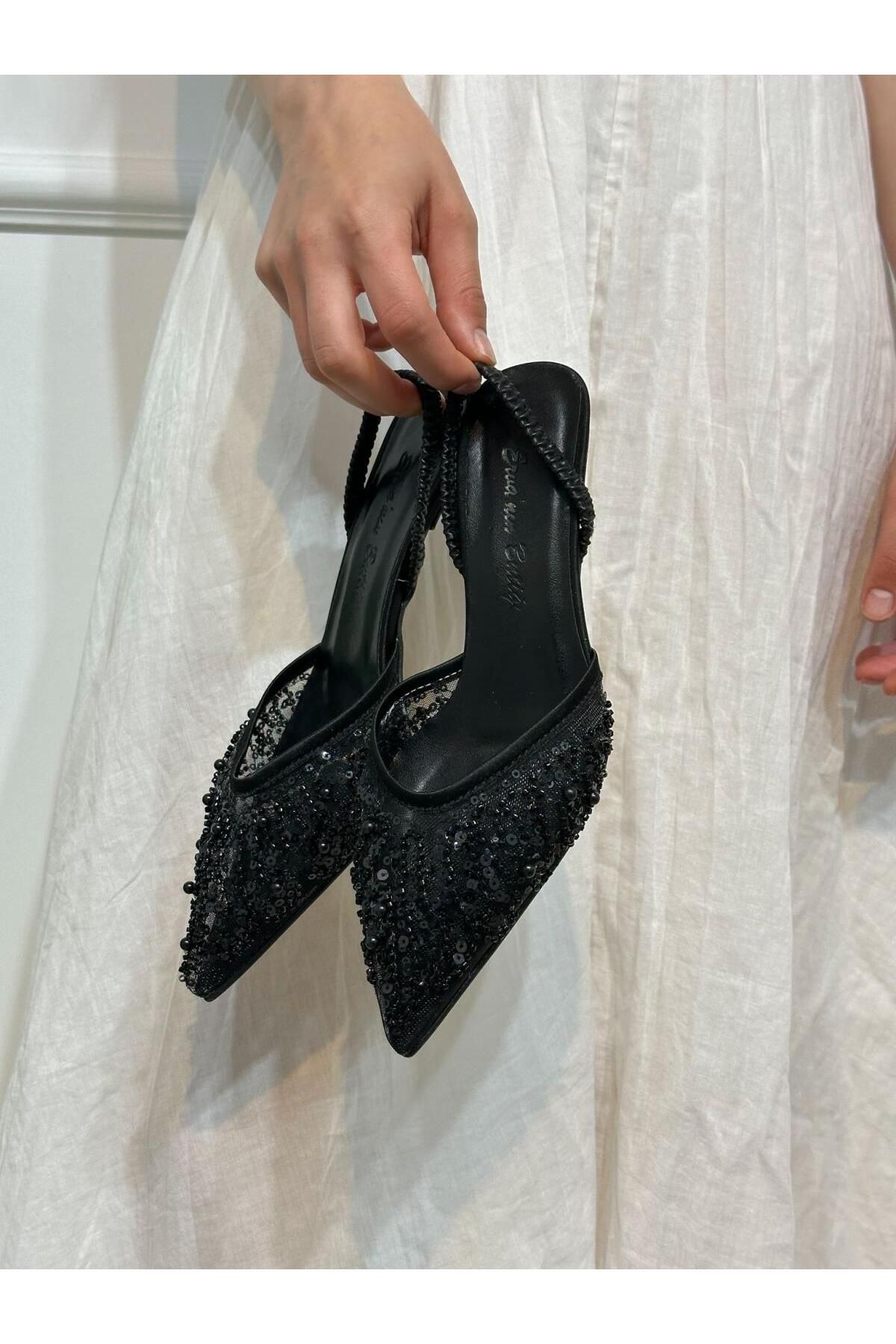 ERVANIN BUTİĞİ Siyah File (Bride) Boncuk Detay Lastikli Kadın Stiletto