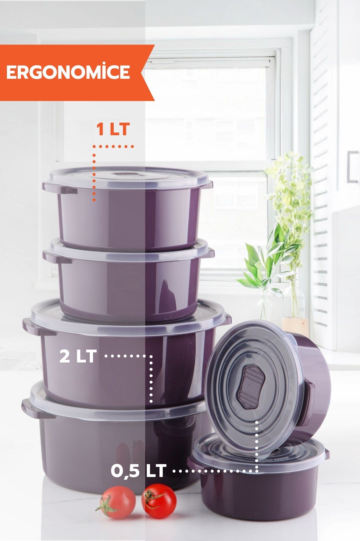 Ginza Maison-Set Of 6 Food Containers (4X500 ML, 4X1000 ML, 4X2000 ML), Dark Purple, Lid With Air Release Device 3