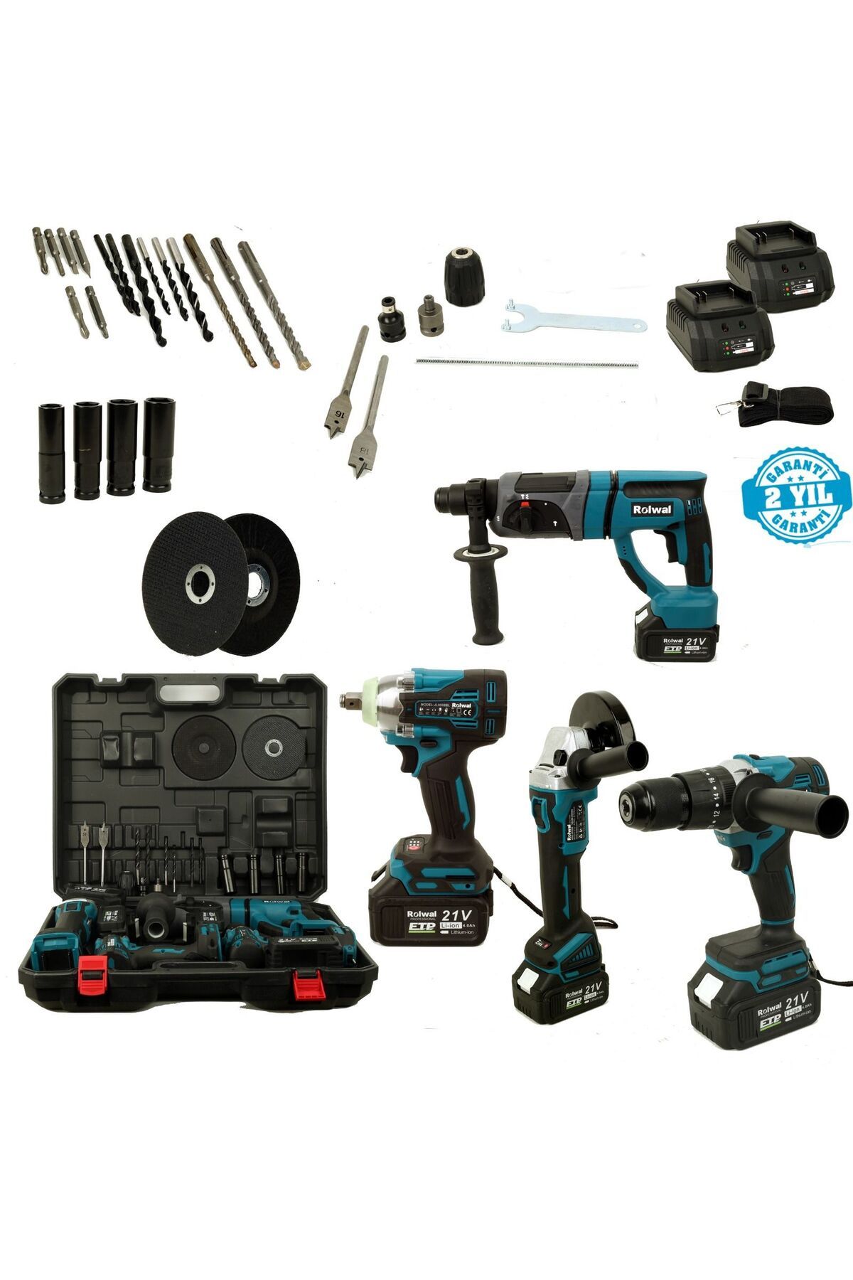 Rolwal 4lü Şarjlı El Aletleri Seti 21V 4 Amper - Hilti - Avuç Taşlama - Vidalama - Somun Sıkma