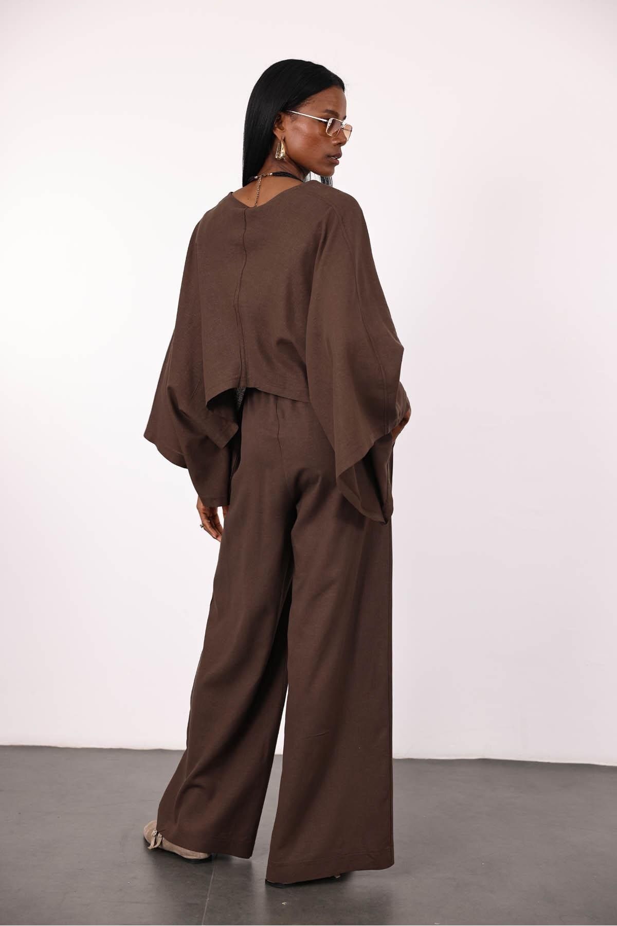5in1Canpolat-Bitter Brown Bat Sleeve Blouse Trousers Set 6