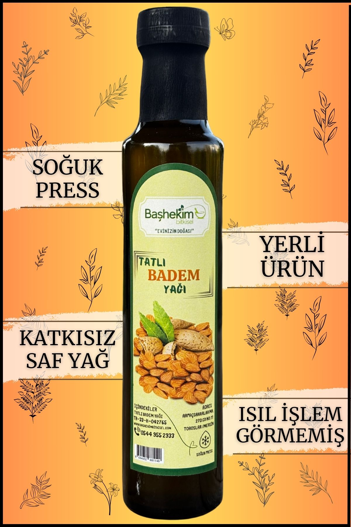 Başhekim Tatlı Badem Yağı 250 ml Soğuk Press Katkısız Saf Seyreltilmemiş Yerli Üretim Isıl Işlem Görmemiş