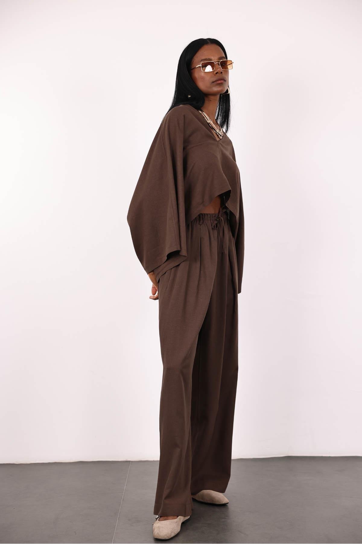 5in1Canpolat-Bitter Brown Bat Sleeve Blouse Trousers Set 7