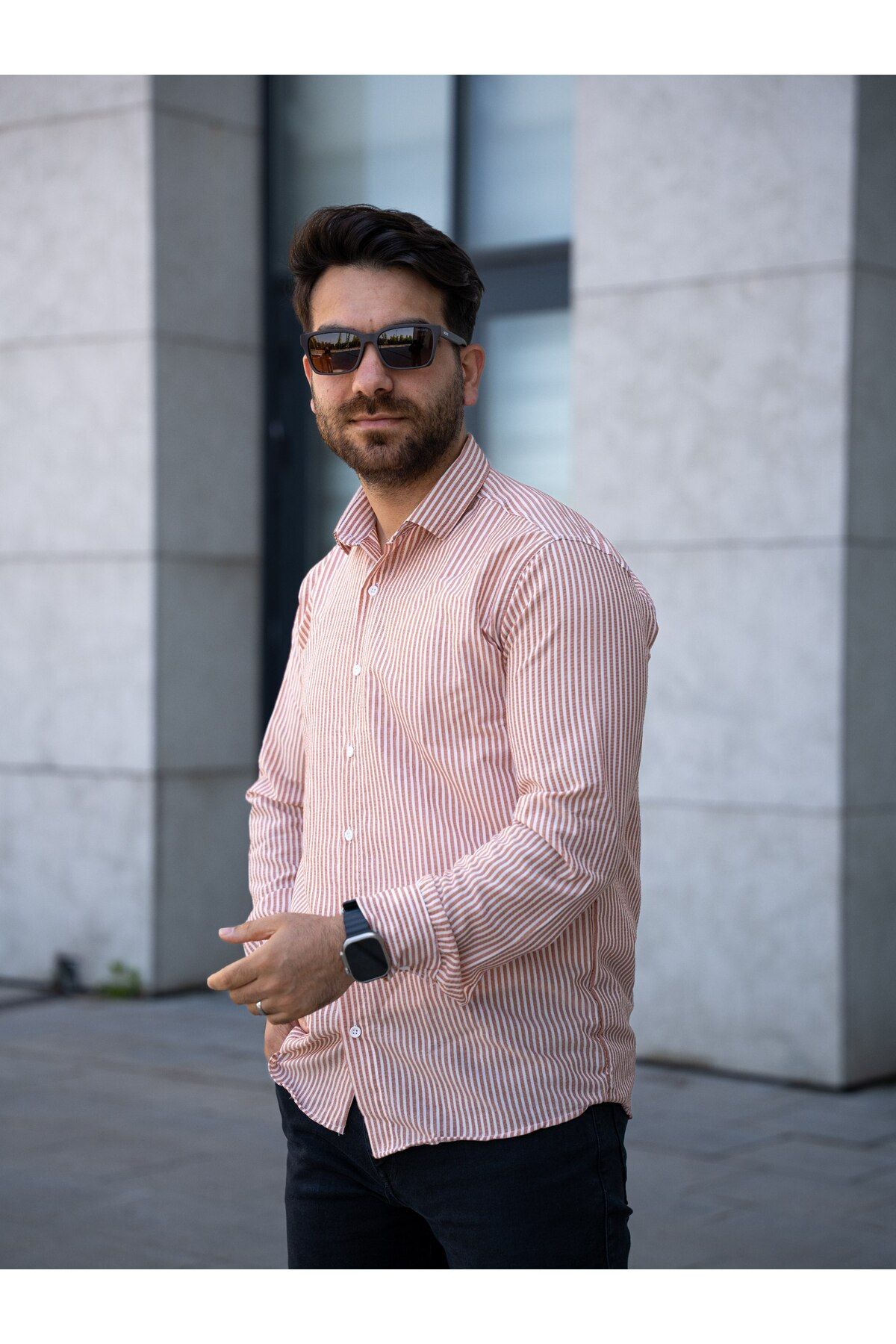 Gameyal Erkek Rahat Kalıp Çizgili Klasik Yaka Uzun Kol Gömlek