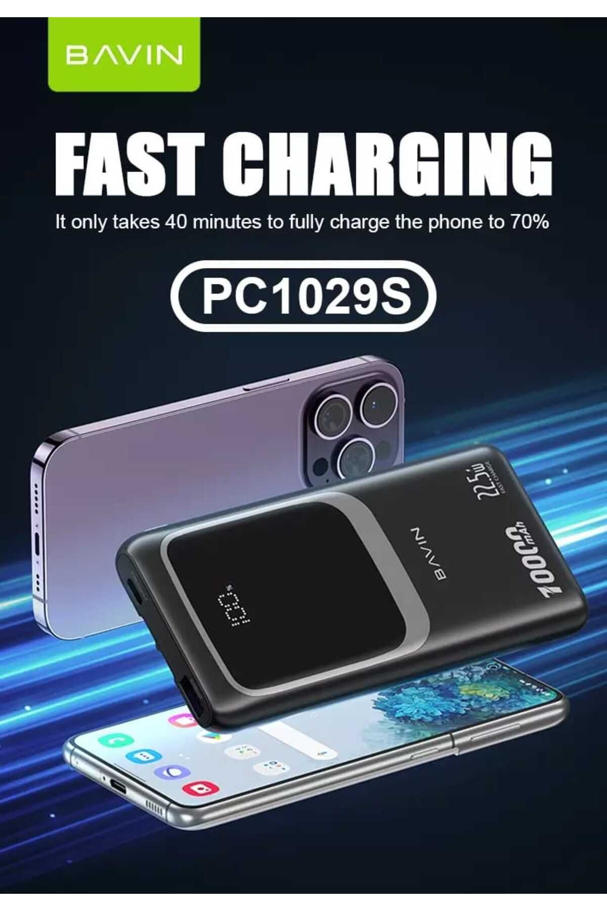 Bavin-10000mAh 22.5W Power Bank with PD Port, USB Port, 2 Built-in Cables, and Display Screen Black 4