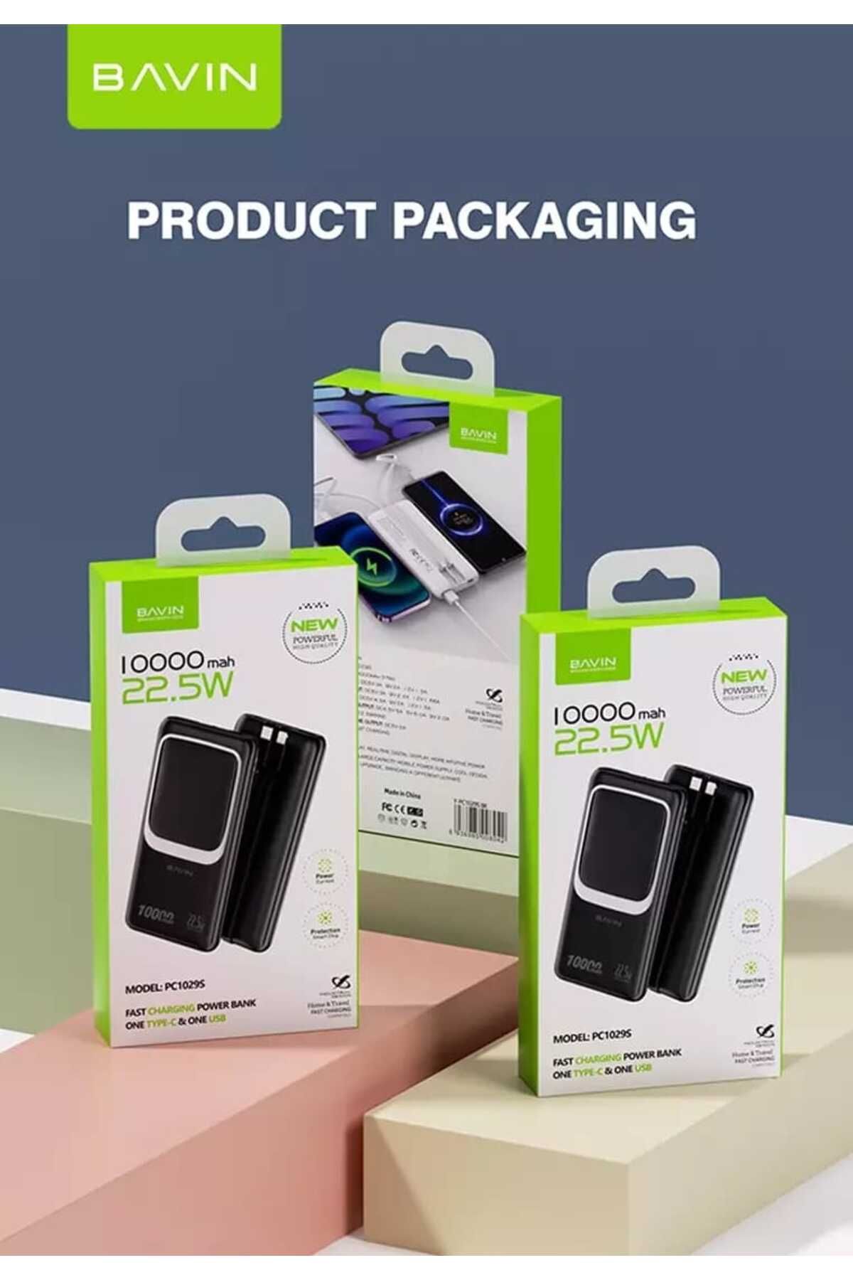 Bavin-10000mAh 22.5W Power Bank with PD Port, USB Port, 2 Built-in Cables, and Display Screen Black 5