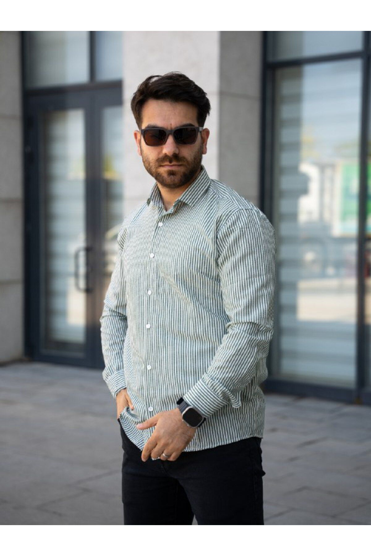 YONEZ MODA Erkek Rahat Kalıp Çizgili Klasik Yaka Uzun Kol Gömlek