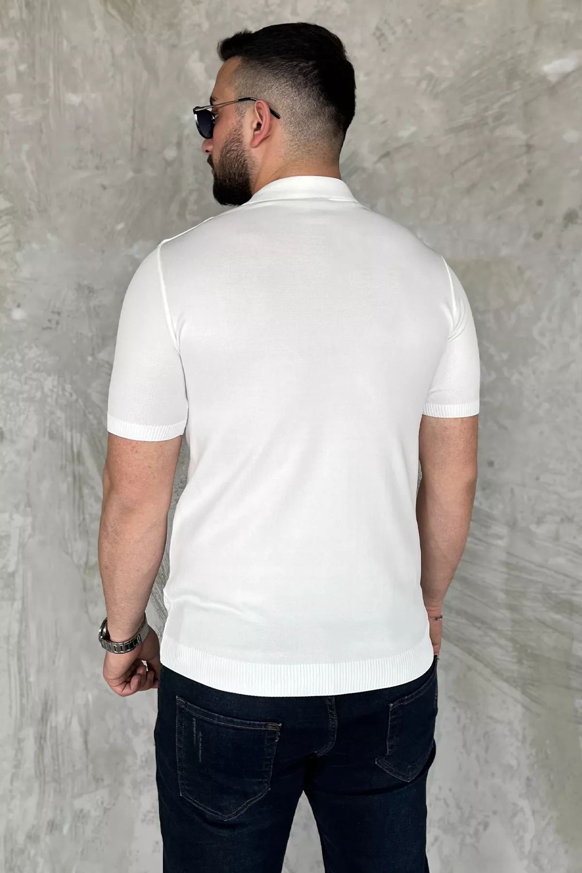 MİSHAR İTALİA Beyaz Erkek Desenli Kısa Kol Triko Gömlek