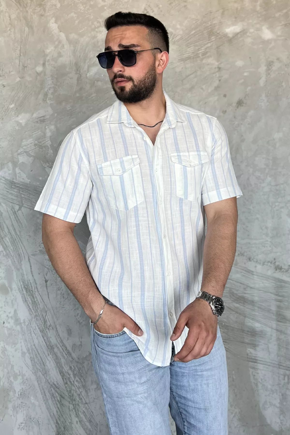 MİSHAR İTALİA Mavi Erkek Çift Cepli Çizgili Kısa Kol Gömlek