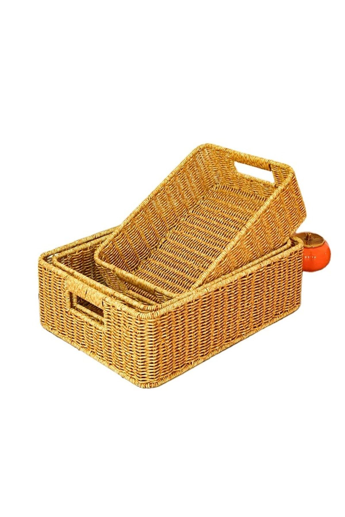Qerhome 3'lü Rattan Dekoratif Rustik Çok Amaçlı Sepet - Organizer