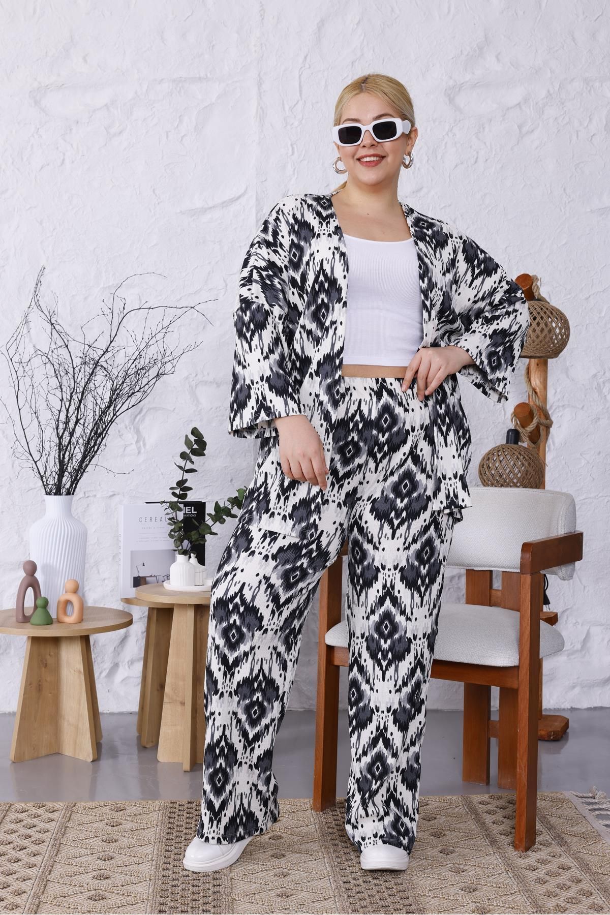Siyezen Büyük Beden Likralı Pamuklu Kimono Takım