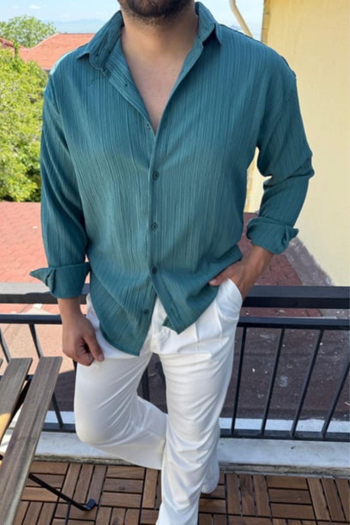 Tarz Cool Tam Kalıp Bürümcük Kumaş Gömlek Zümrüt Yeşil
