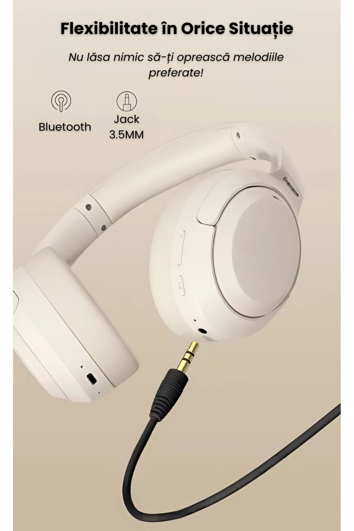 NEOSOR-Casti Over The Ear,Microfon,Wireless,Bluetooth 5.4,Autonomie 60H,Noise Cancelling, Bej 5