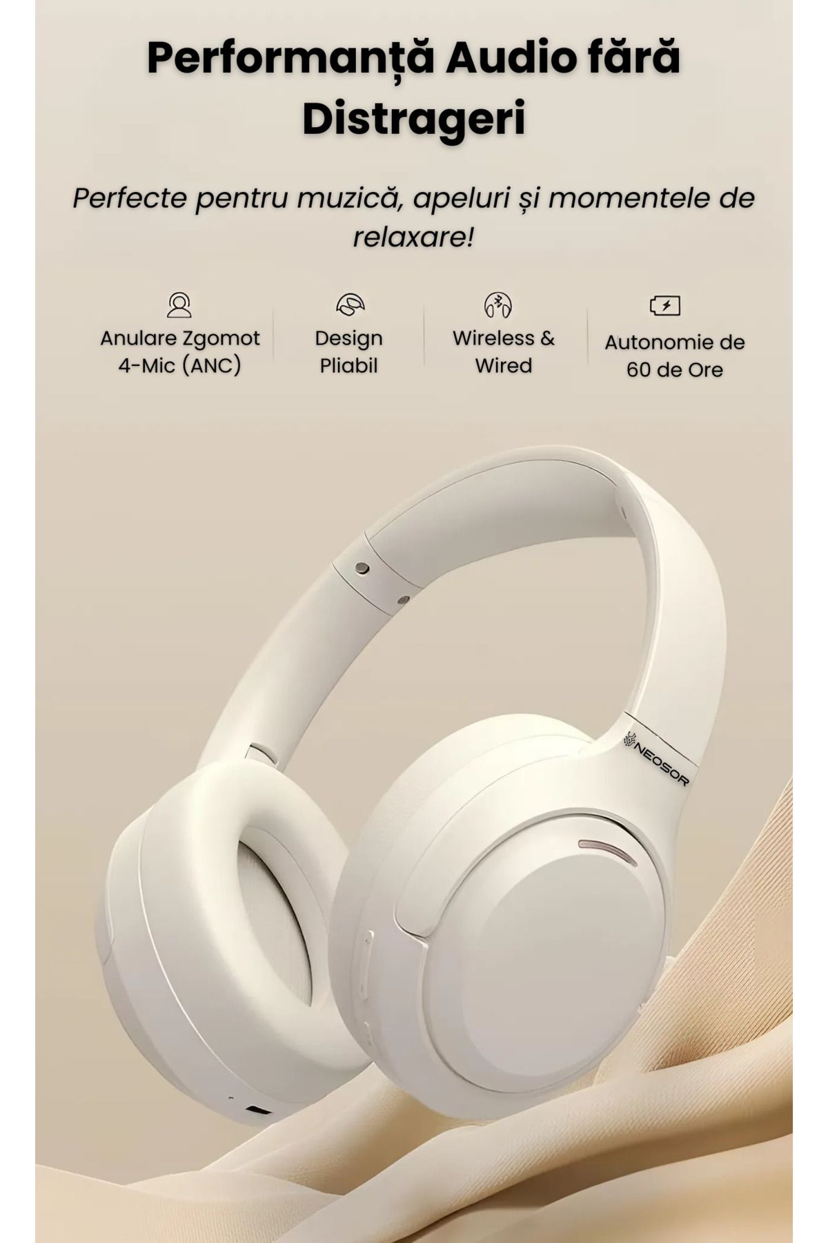 NEOSOR-Casti Over The Ear,Microfon,Wireless,Bluetooth 5.4,Autonomie 60H,Noise Cancelling, Bej 6