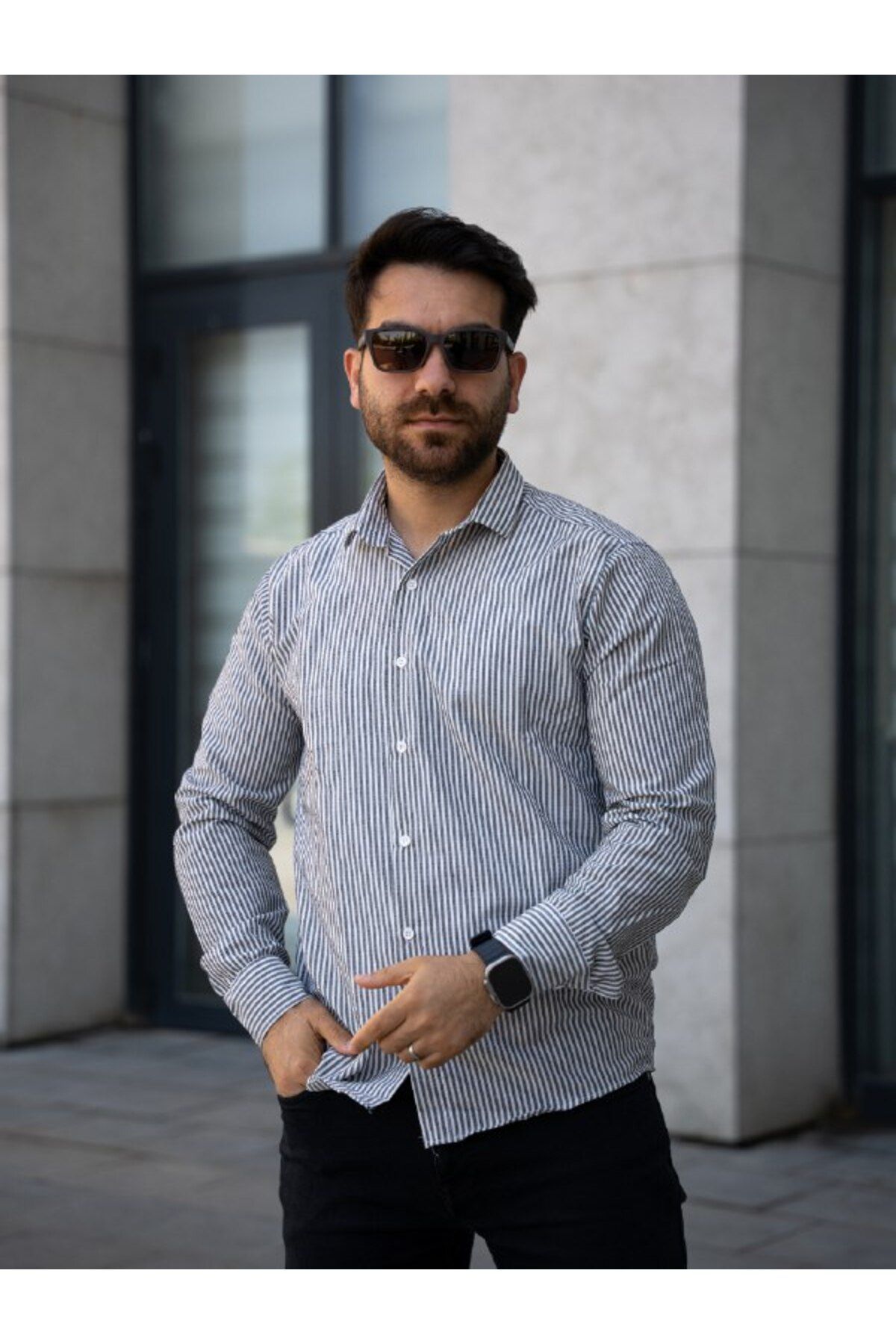 YONEZ MODA Erkek Rahat Kalıp Çizgili Klasik Yaka Uzun Kol Gömlek