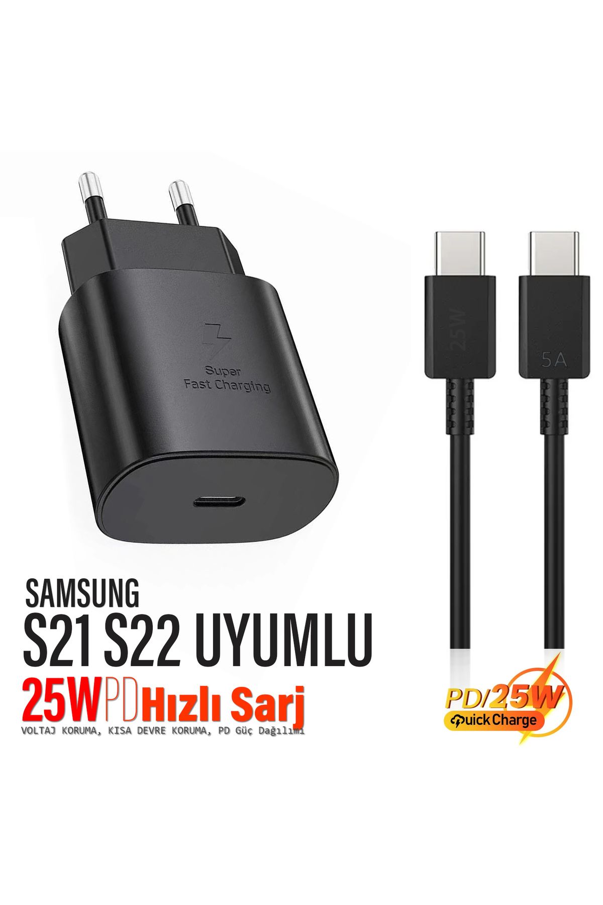 EXENAR Samsung Galaxy S21 - Samsung S22 Uyumlu Şarj Aleti ve Kablosu 25W Hızlı Şarj Type-C