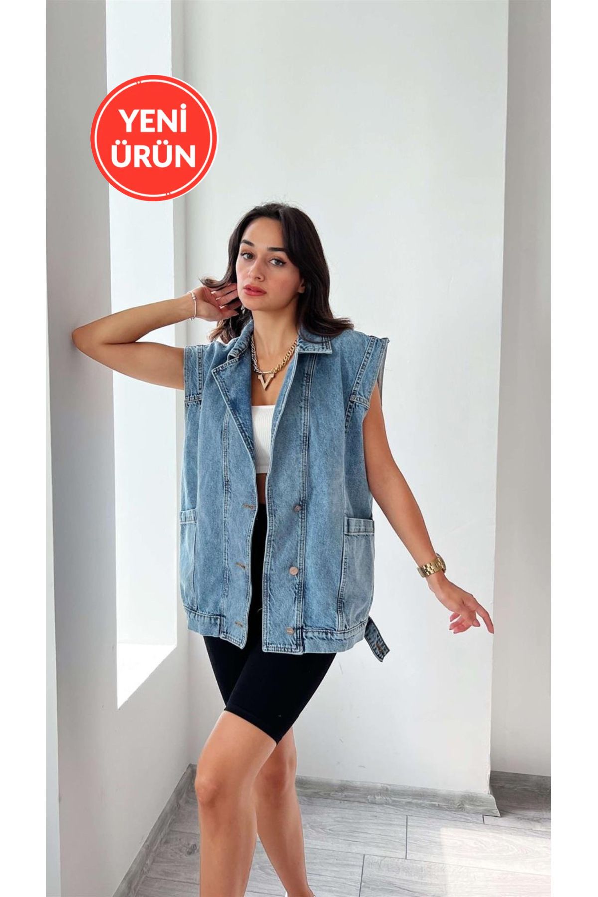 NOMVEX Kadın Oversize Büyük Cepli Denim Yelek Mavi