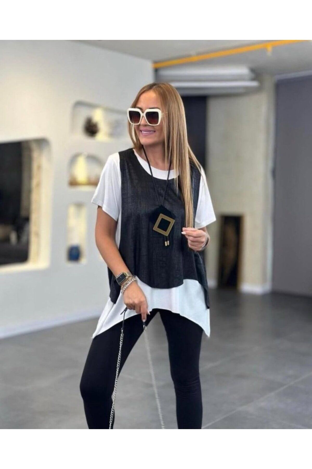 Kokosh moda Kadın Kısa Kollu Bisiklet Yaka Yelek Bluz Asimetrik Kesim İkili Takım