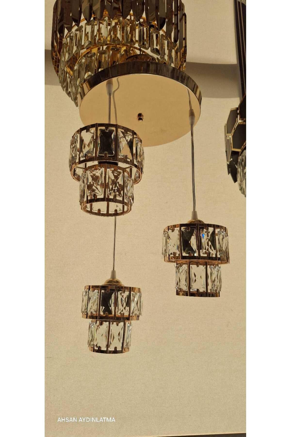 Taşkın GOLD KRİSTAL TAŞLI MODERN 3'LÜ SARKIT AVİZE - Lüks Tasarım
