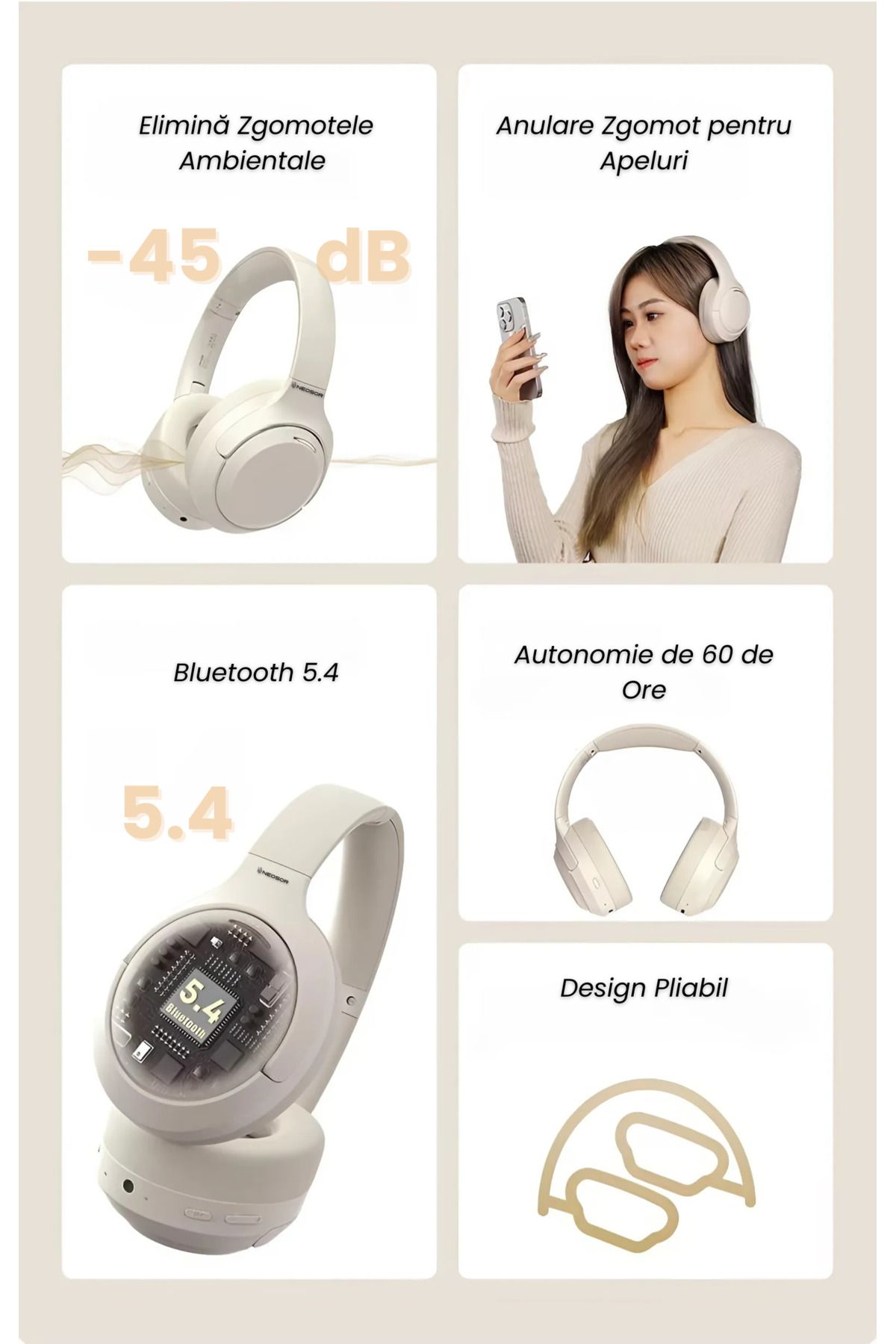 NEOSOR-Casti Over The Ear,Microfon,Wireless,Bluetooth 5.4,Autonomie 60H,Noise Cancelling, Bej 3