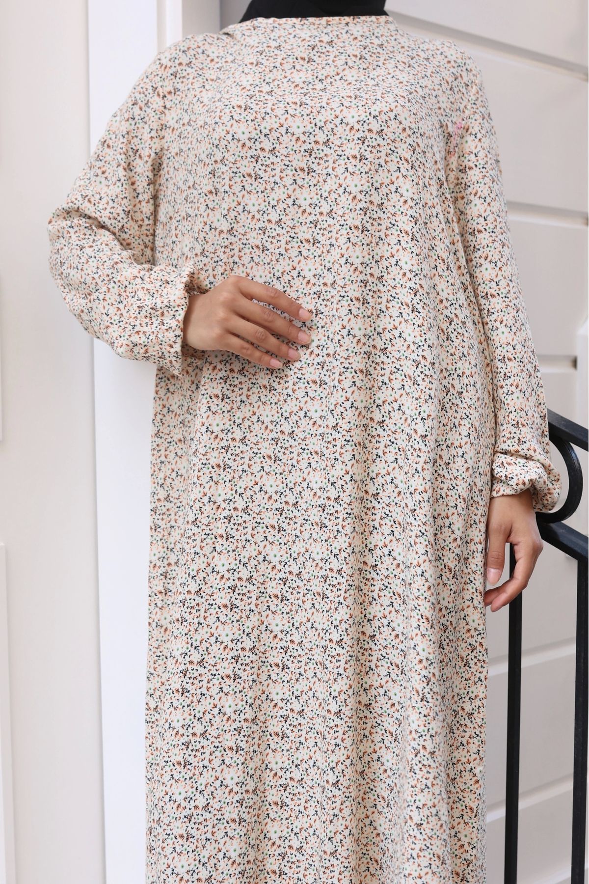 Nevayla Moda-Φόρεμα βισκόζης με floral σχέδιο - Μπεζ / E0128 5