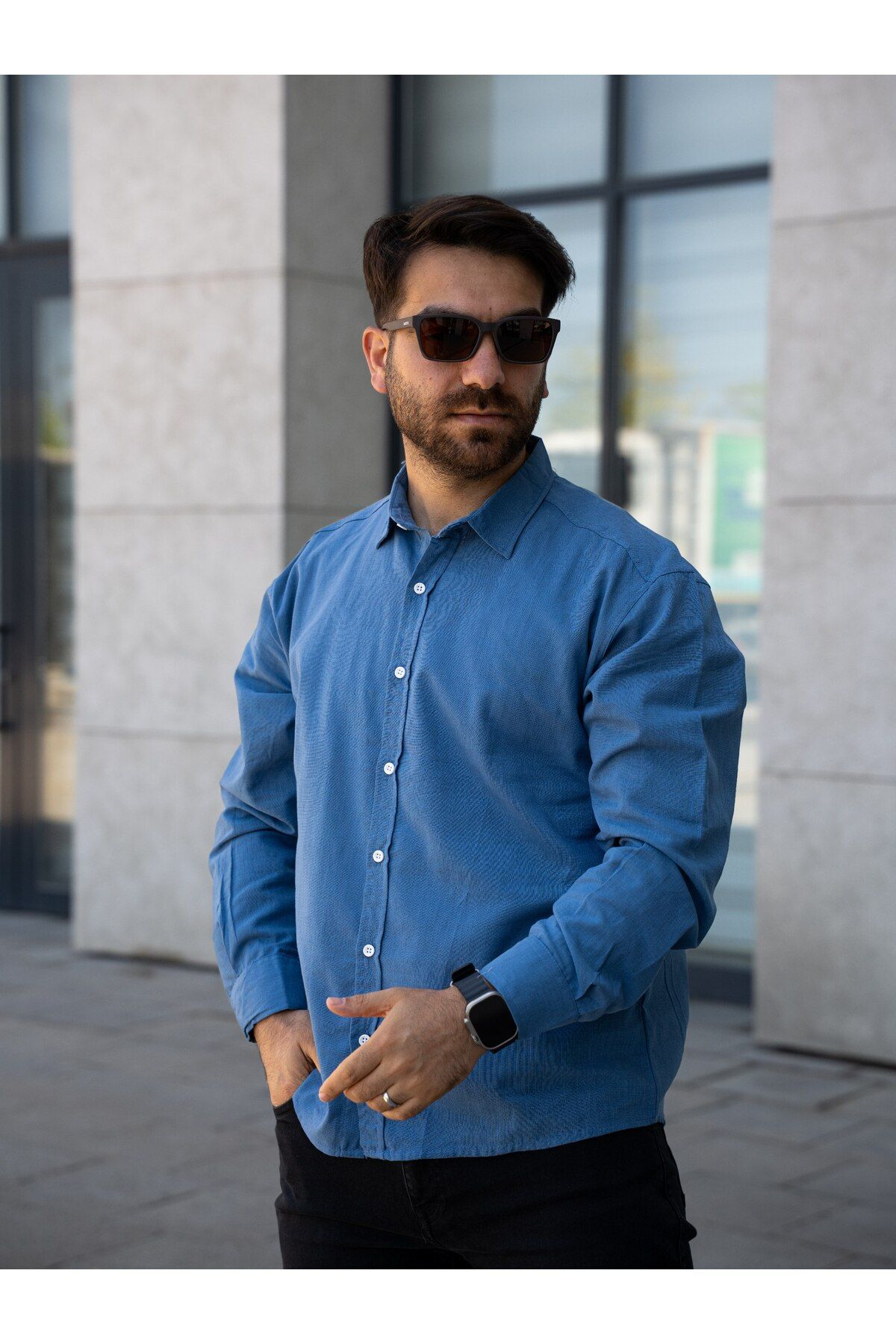 YONEZ MODA Erkek Rahat Crop Bel Falmlı Keten Uzun Kol Gömlek