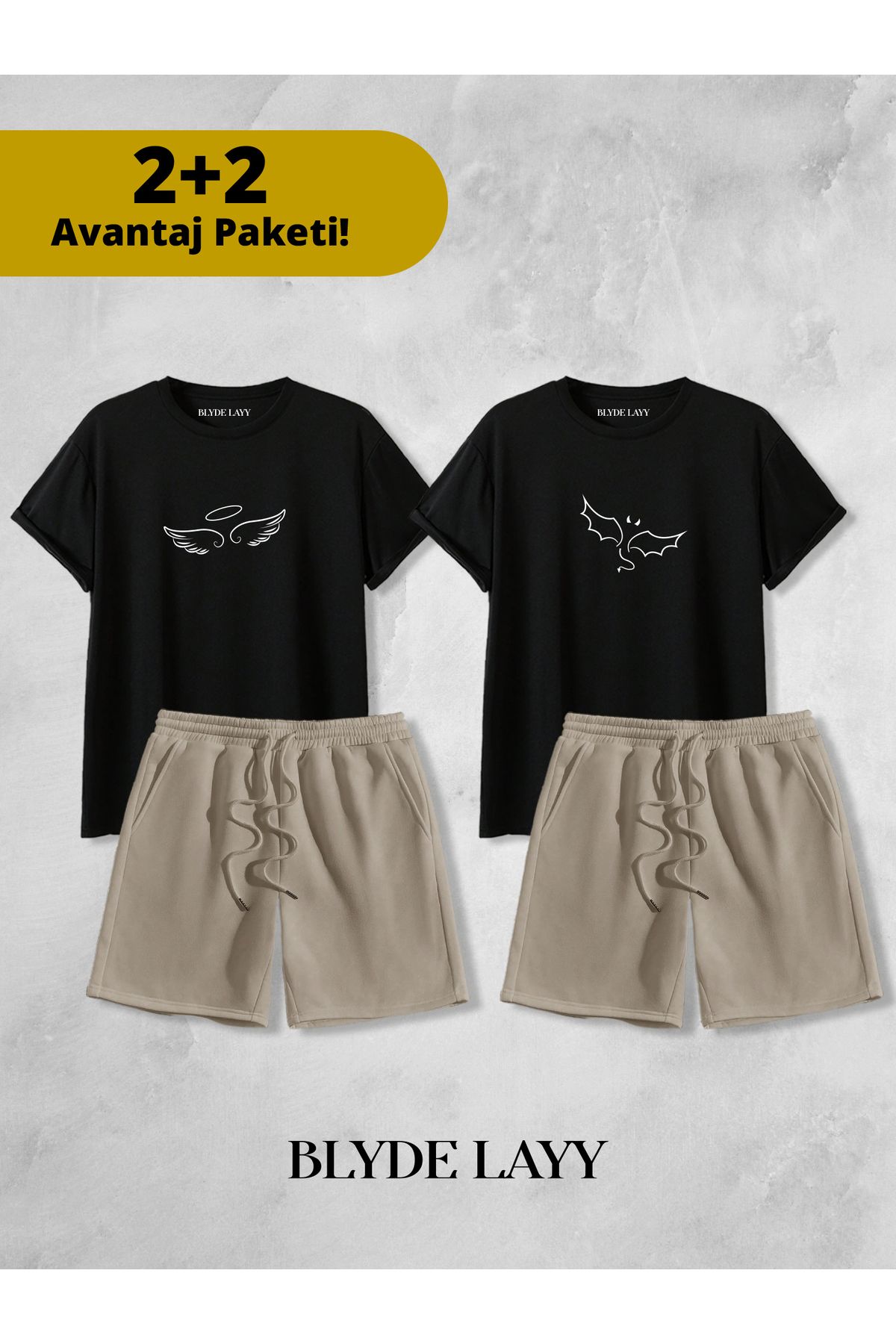 BLYDE LAYY Melek-Şeytan Baskılı Unisex 2'li Sevgili Çift Kombini (2 Şort - 2 T-shirt Takımı Avantaj Paketi)