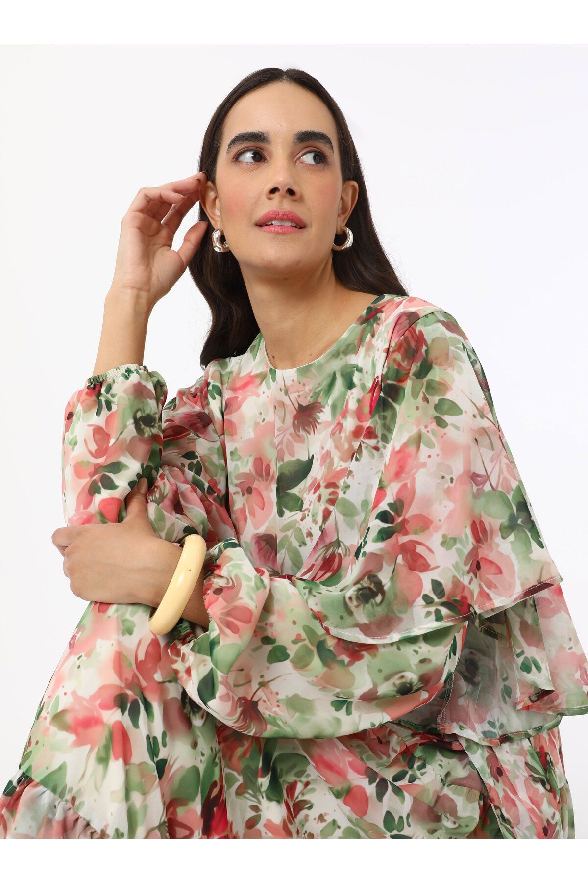 Refka-Rochie musulmană din șifon cu modele florale cu detaliu cu volane - roz - Refka 2