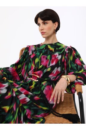 Refka Baskılı Şifon Tesettür Elbise - Siyah - Refka