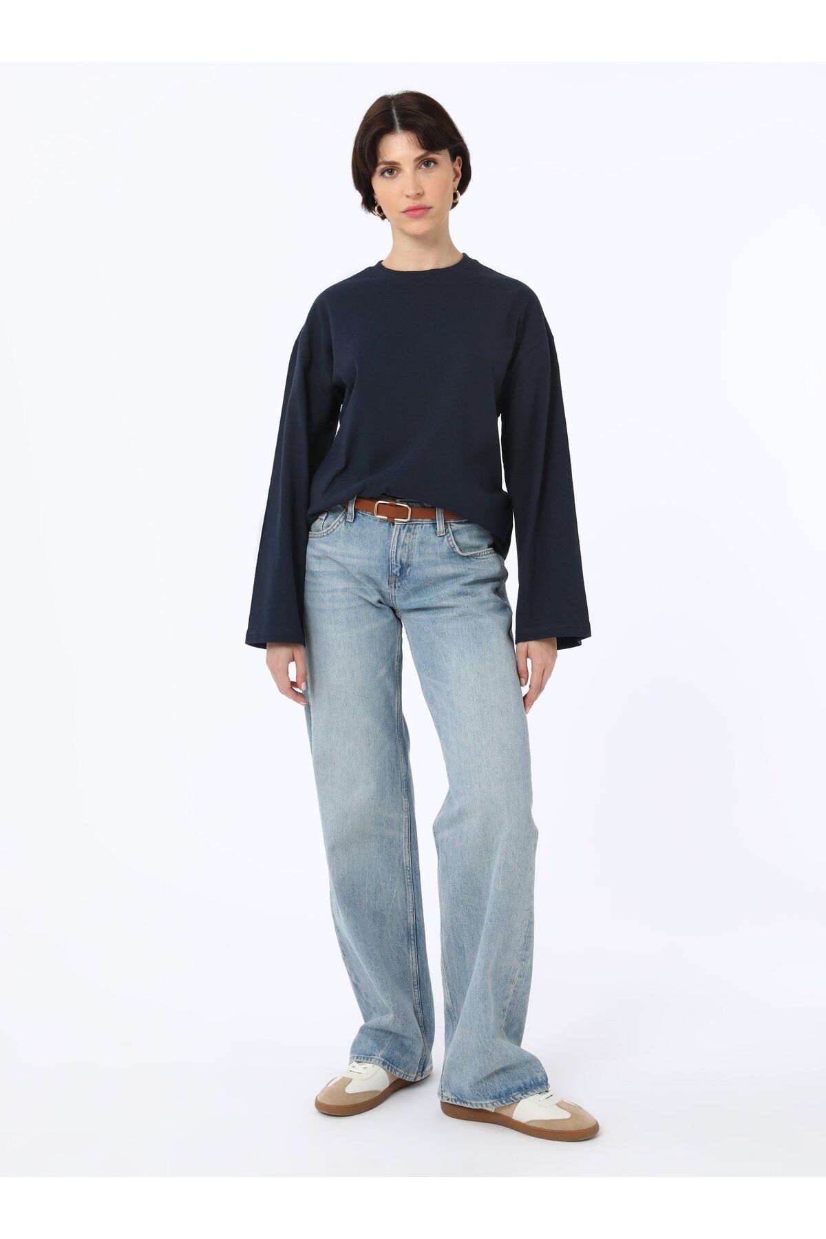 Benin Pamuklu Oversize Örme Tişört Sweatshirt - Lacivert - Benin