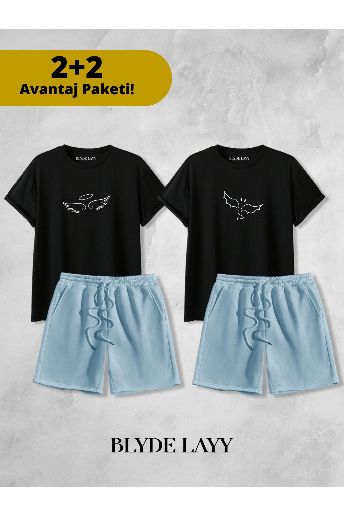 BLYDE LAYY Melek-Şeytan Baskılı Unisex 2'li Sevgili Çift Kombini (2 Şort - 2 T-shirt Takımı Avantaj Paketi)