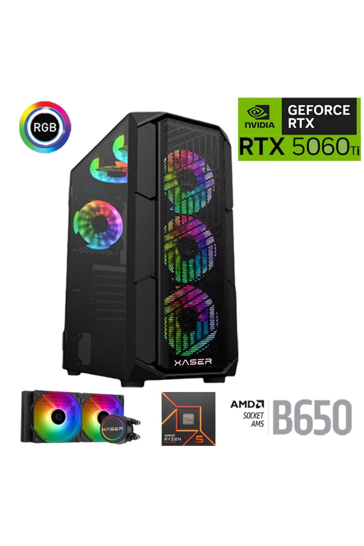 XASER Thunder x710 Ryzen 5 7500F 32GB DDR5 Ram 1TB M.2 NVMe SSD 8GB RTX5060Ti Sıvı Soğutmalı Oyuncu