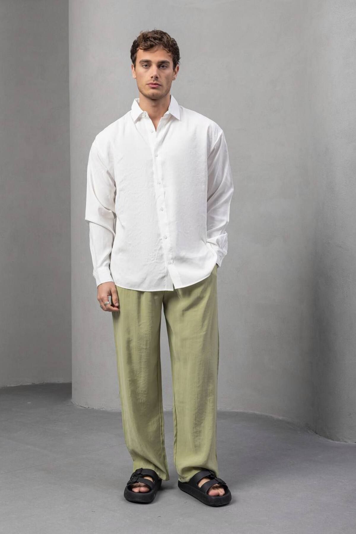 DİE MEN Erkek Yarım Oversize Kesim Keten Görünümlü Gömlek