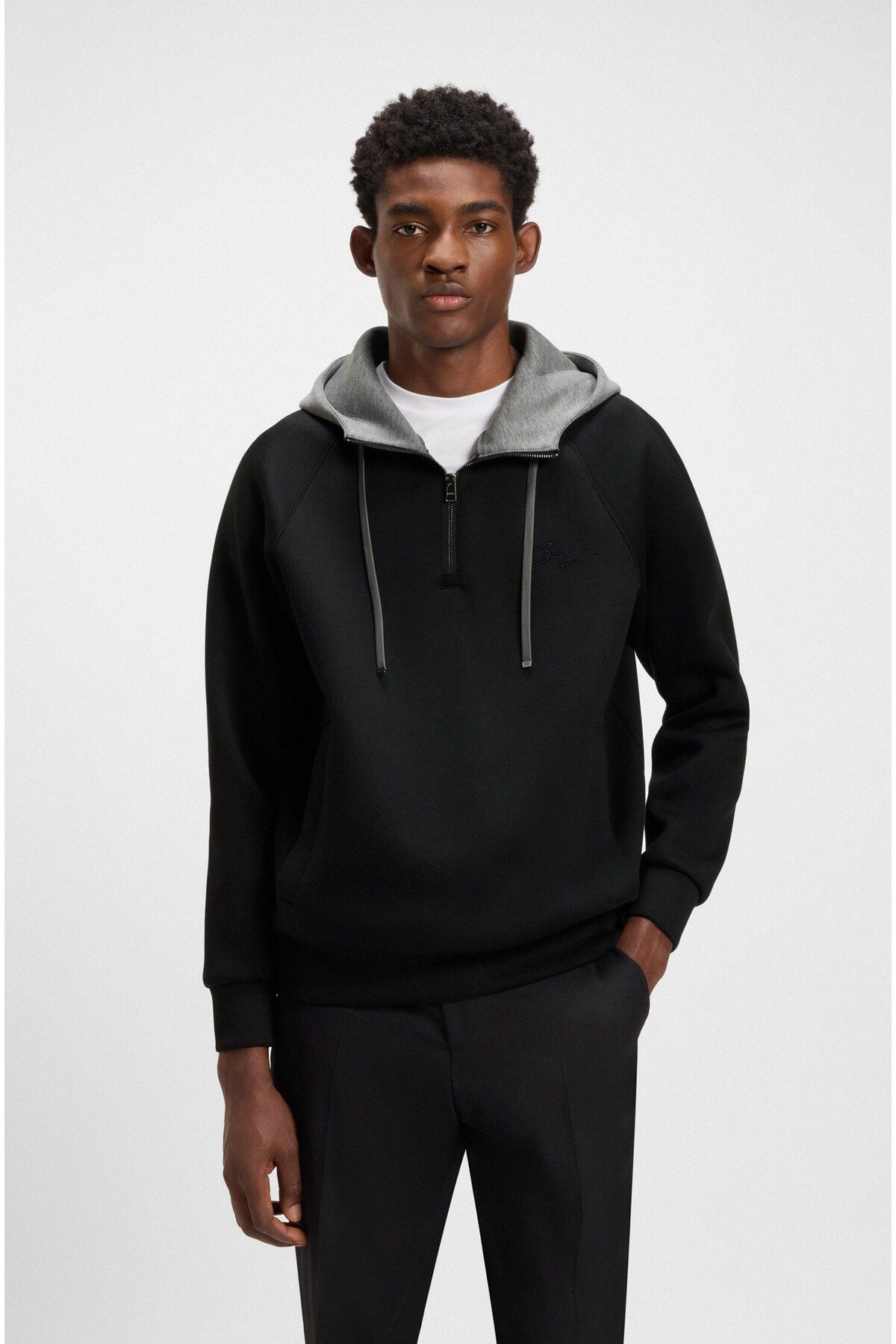 BOSS Erkek Kapşonlu Yaka Cep Detay Fermuar Kapama Uzun kol Siyah Sweatshirt 50531360-001