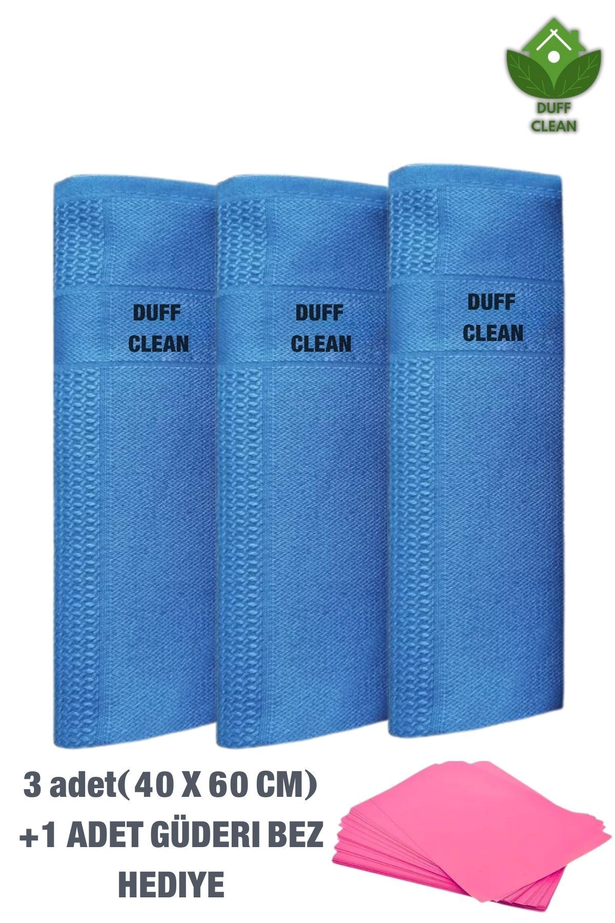 DUFF CLEAN 3'lü MAVİ Mikrofiber Temizlik Bezi, Cam,Mutfak, Fiber Temizleme Bezi 40 X 60 Cm+ hediye