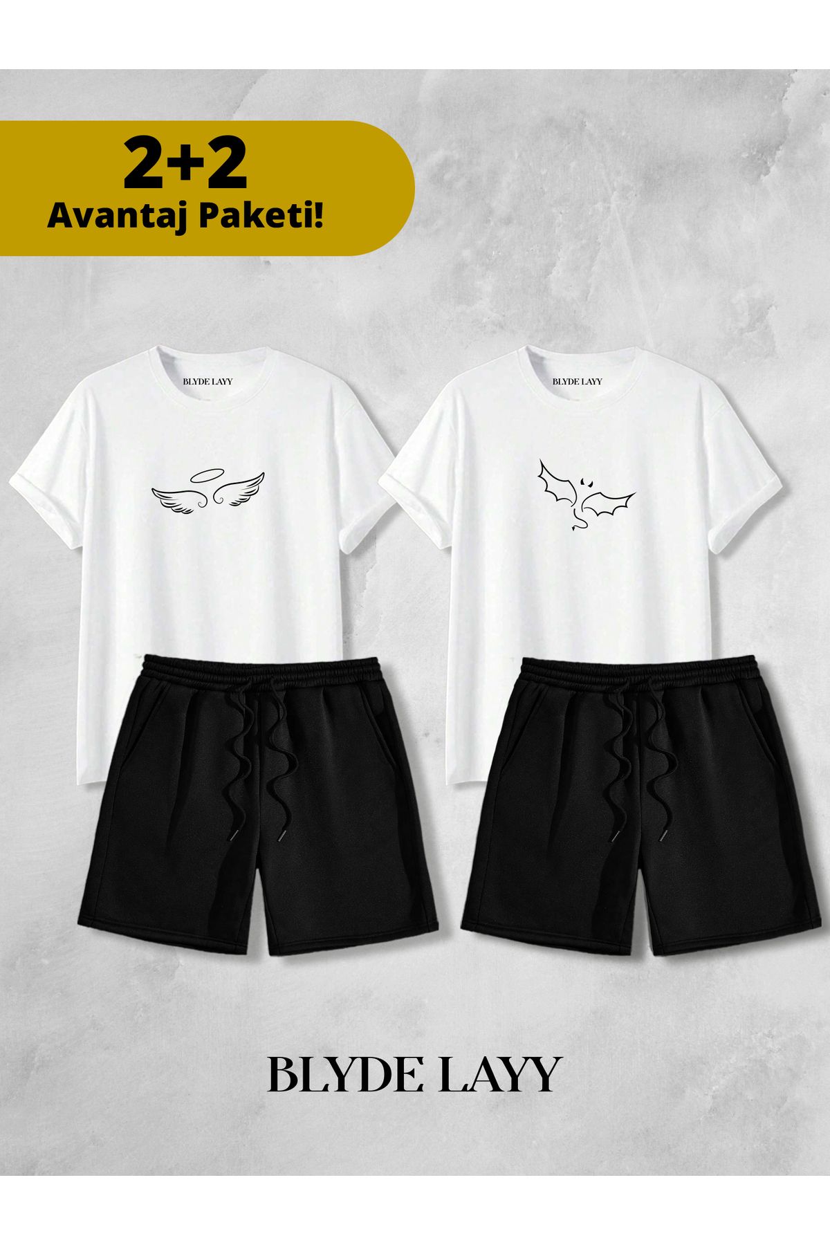 BLYDE LAYY Melek-Şeytan Baskılı Unisex 2'li Sevgili Çift Kombini (2 Şort - 2 T-shirt Takımı Avantaj Paketi)