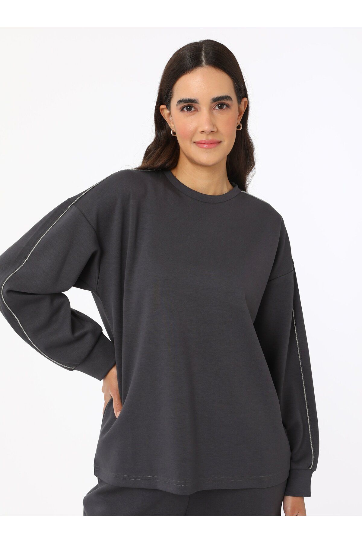Refka-Modal Tracksuit Set with Shiny Stripes - Anthracite - Refka 7