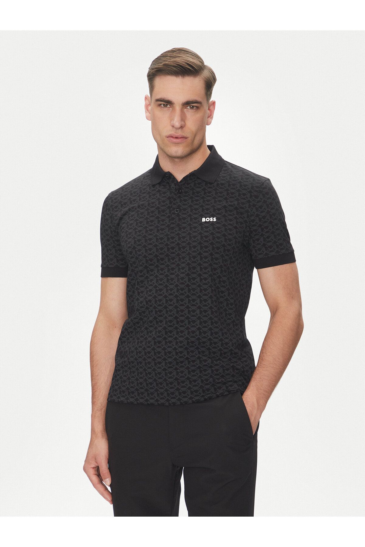 BOSS Erkek Regular Fit Monogram Logo Desenli Pamuklu Kısa Kollu Siyah Polo Yaka T-Shirt 50540719-001
