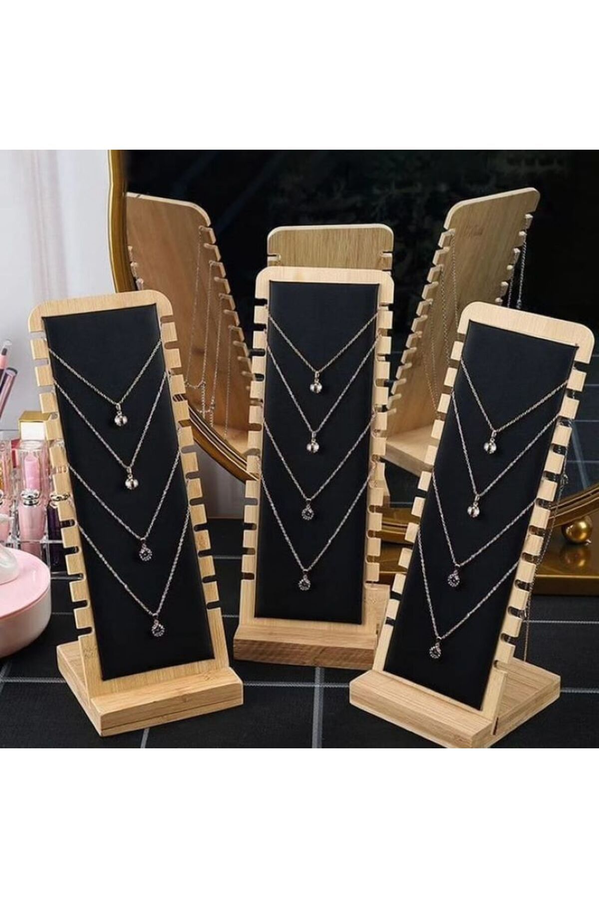 segalife 3 Lü Dekoratif Ahşap Kumaş Kaplama Takı Stand Kolye Bileklik Küpe Aksesuar Düzenleyici Kadın Hediye