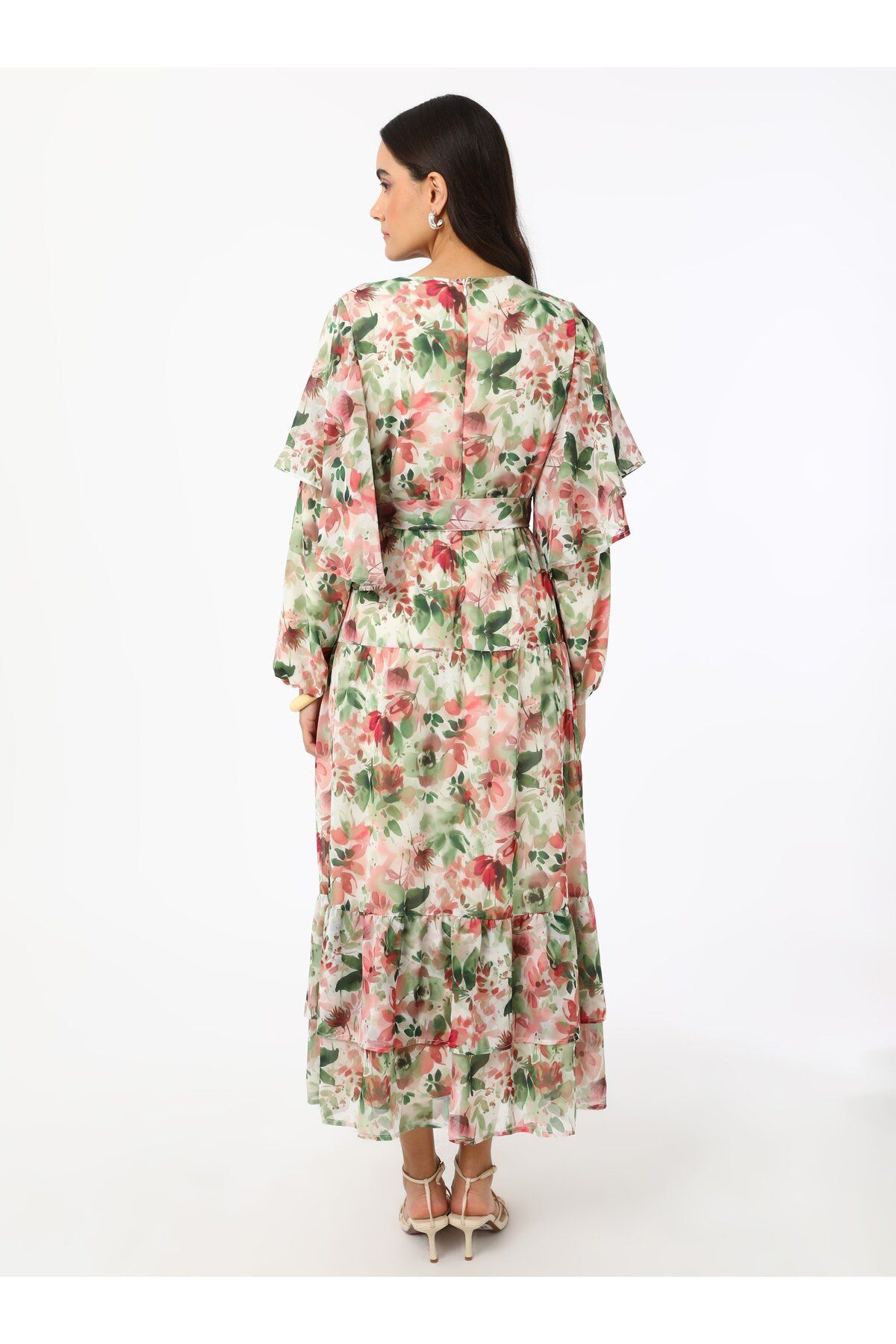 Refka-Rochie musulmană din șifon cu modele florale cu detaliu cu volane - roz - Refka 7