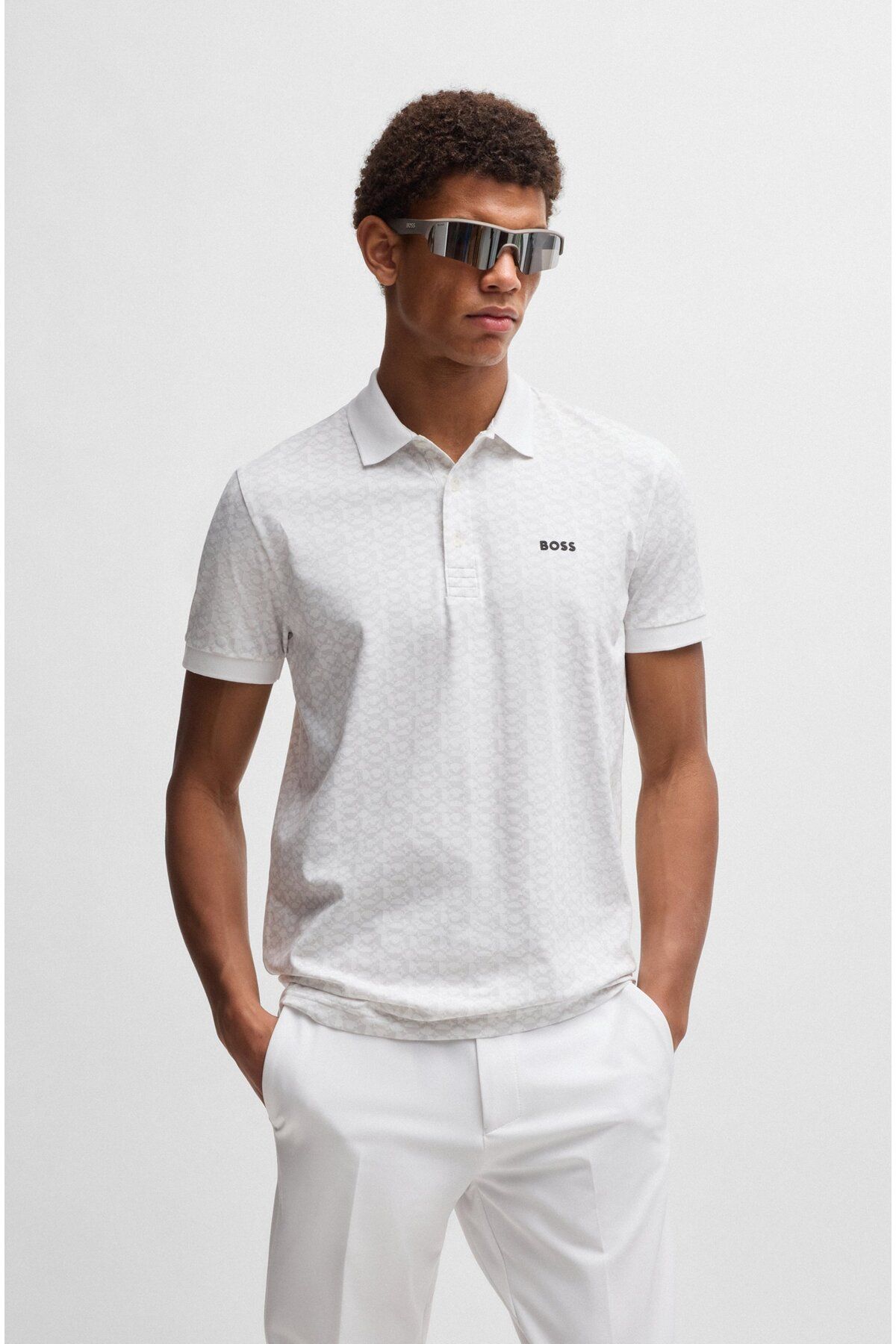BOSS Erkek Regular Fit Monogram Logo Desenli Pamuklu Kısa Kollu Beyaz Polo Yaka T-Shirt 50540719-100