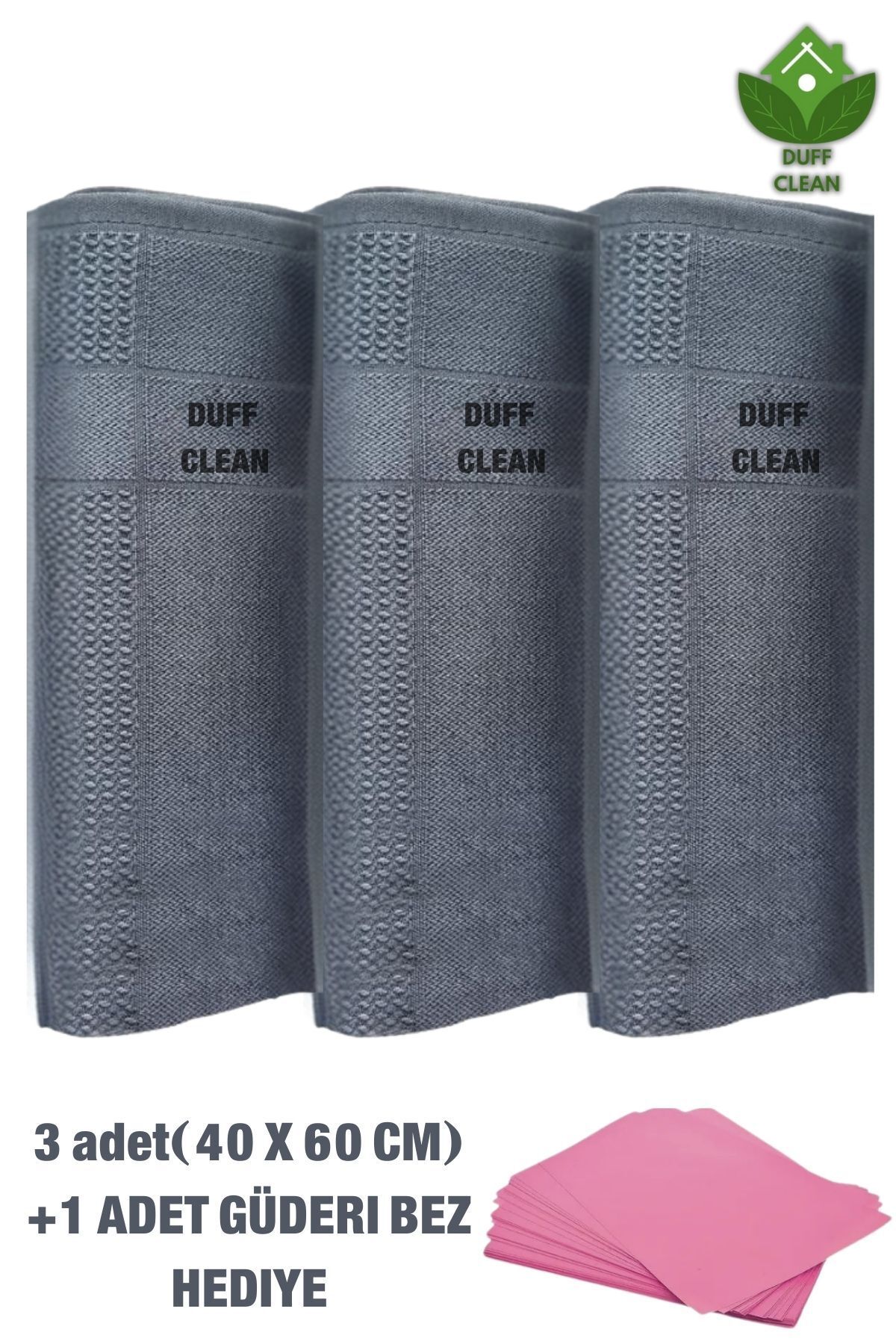 DUFF CLEAN 3'lü Mikrofiber GRİ Temizlik Bezi, Cam,Mutfak, Fiber Temizleme Bezi 40 X 60 Cm+ Güderi Bez hediye