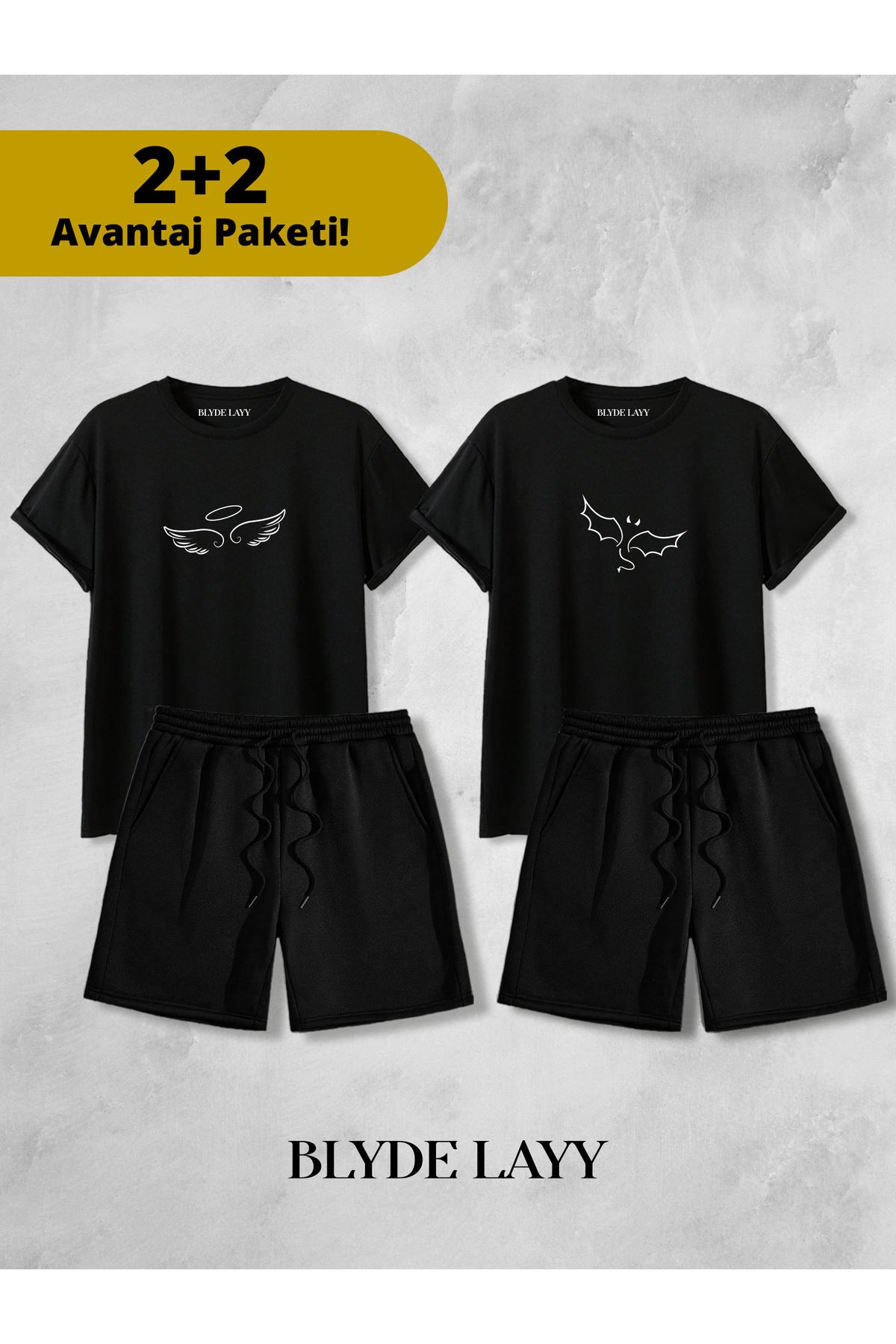 BLYDE LAYY Melek-Şeytan Baskılı Unisex 2'li Sevgili Çift Kombini (2 Şort - 2 T-shirt Takımı Avantaj Paketi)